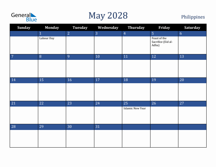 May 2028 Philippines Calendar (Sunday Start)