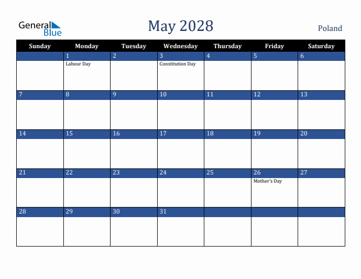 May 2028 Poland Calendar (Sunday Start)
