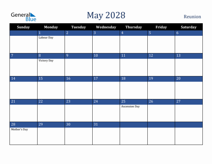 May 2028 Reunion Calendar (Sunday Start)