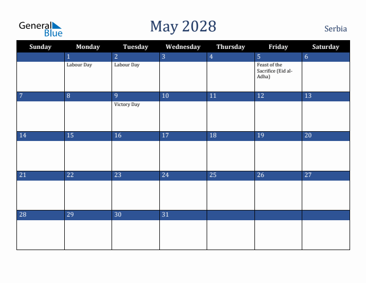 May 2028 Serbia Calendar (Sunday Start)