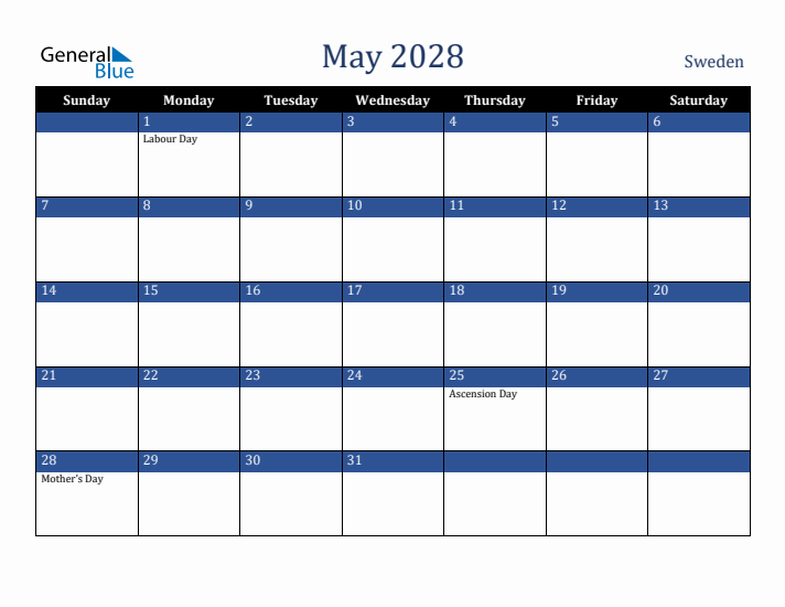 May 2028 Sweden Calendar (Sunday Start)