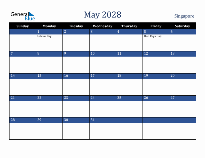 May 2028 Singapore Calendar (Sunday Start)