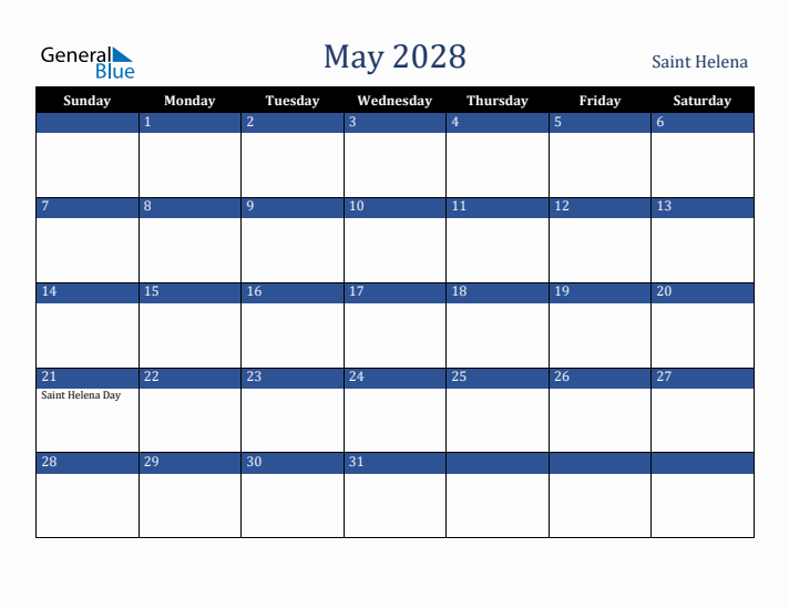 May 2028 Saint Helena Calendar (Sunday Start)