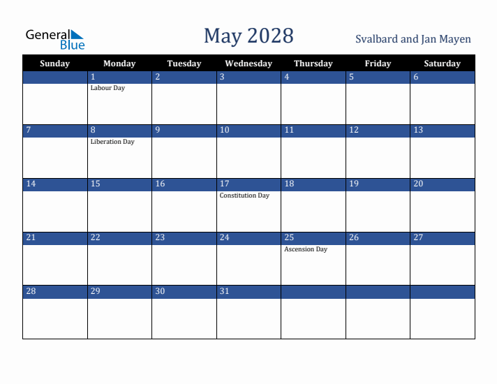 May 2028 Svalbard and Jan Mayen Calendar (Sunday Start)
