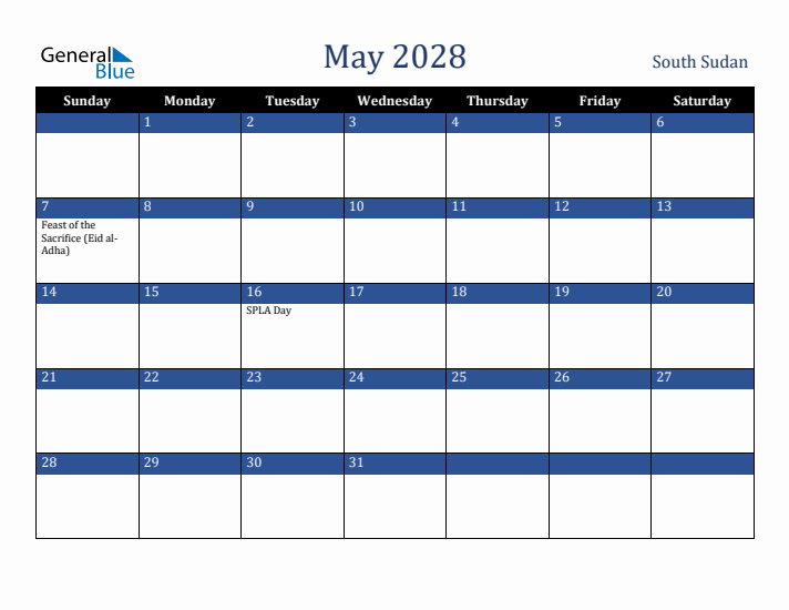 May 2028 South Sudan Calendar (Sunday Start)