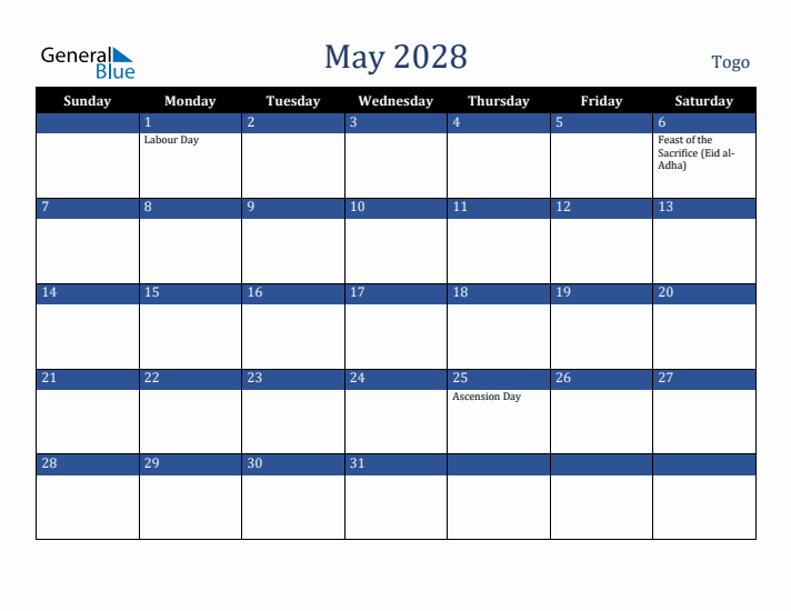 May 2028 Togo Calendar (Sunday Start)