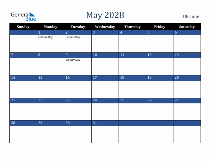 May 2028 Ukraine Calendar (Sunday Start)