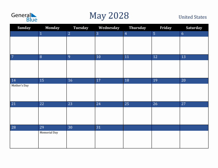 May 2028 United States Calendar (Sunday Start)