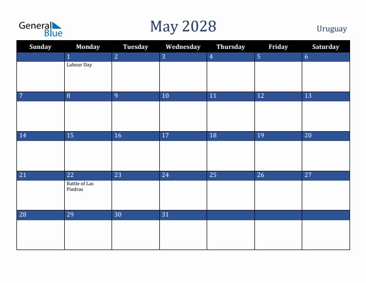 May 2028 Uruguay Calendar (Sunday Start)