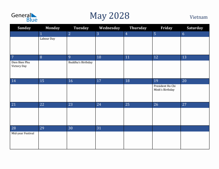 May 2028 Vietnam Calendar (Sunday Start)
