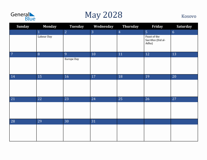 May 2028 Kosovo Calendar (Sunday Start)