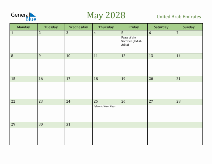 May 2028 Calendar with United Arab Emirates Holidays