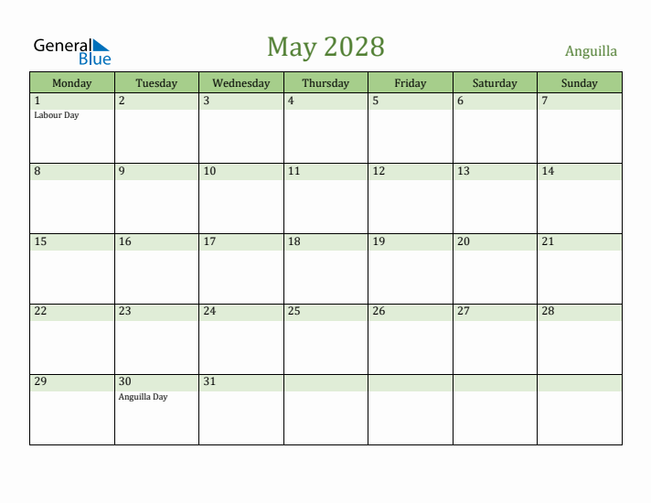 May 2028 Calendar with Anguilla Holidays