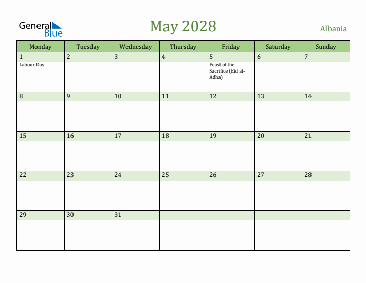 May 2028 Calendar with Albania Holidays