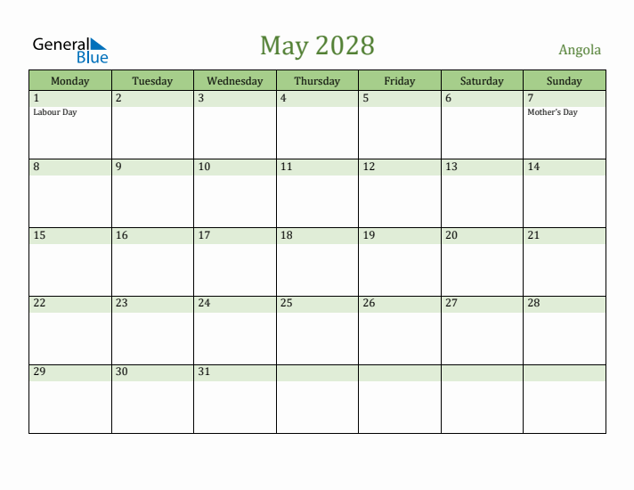 May 2028 Calendar with Angola Holidays
