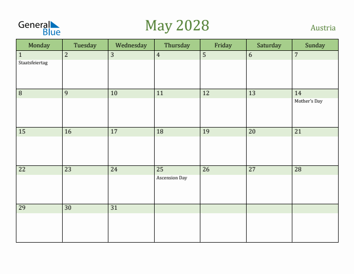 May 2028 Calendar with Austria Holidays