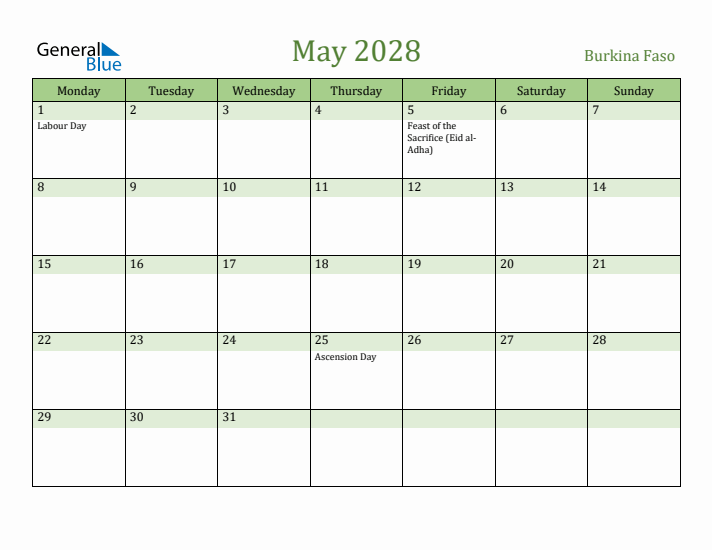 May 2028 Calendar with Burkina Faso Holidays