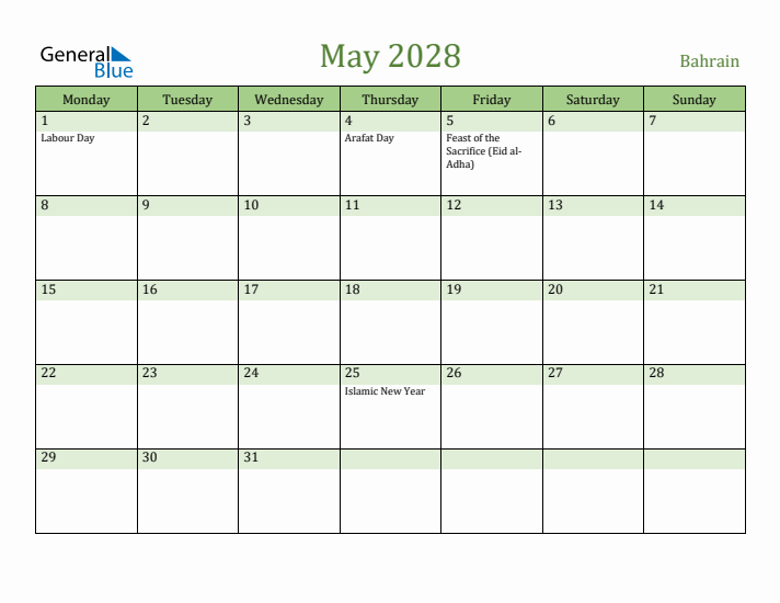 May 2028 Calendar with Bahrain Holidays