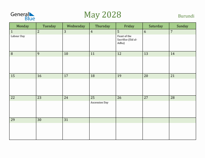 May 2028 Calendar with Burundi Holidays