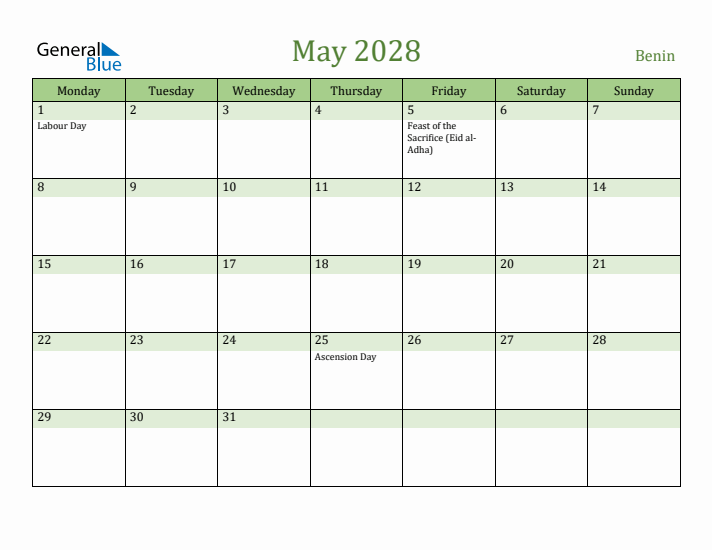 May 2028 Calendar with Benin Holidays