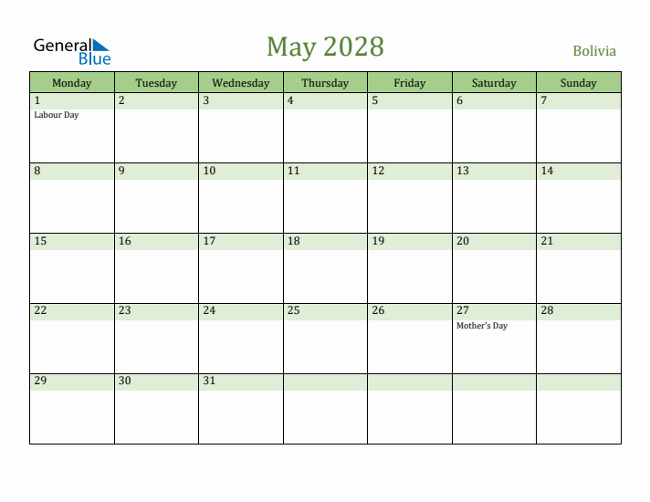 May 2028 Calendar with Bolivia Holidays