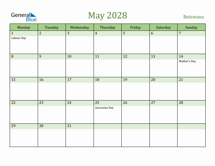 May 2028 Calendar with Botswana Holidays