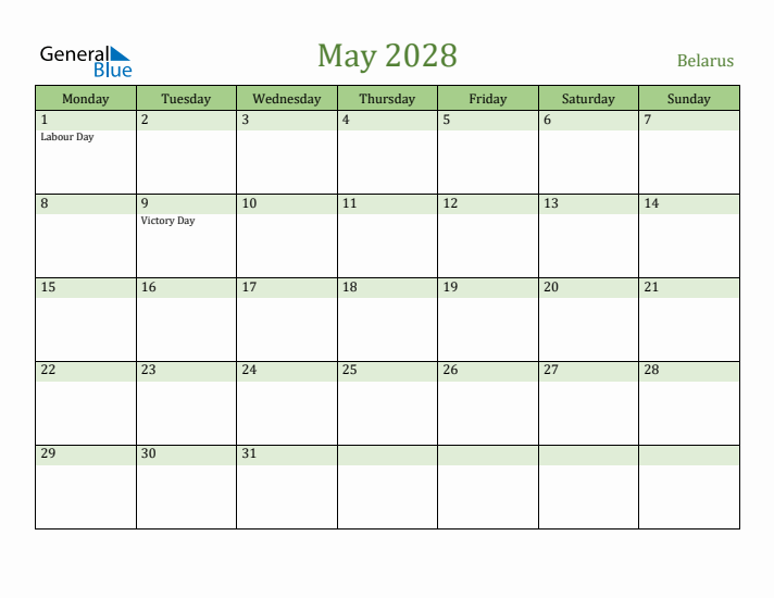 May 2028 Calendar with Belarus Holidays