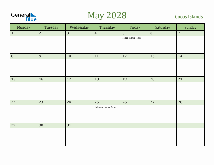 May 2028 Calendar with Cocos Islands Holidays