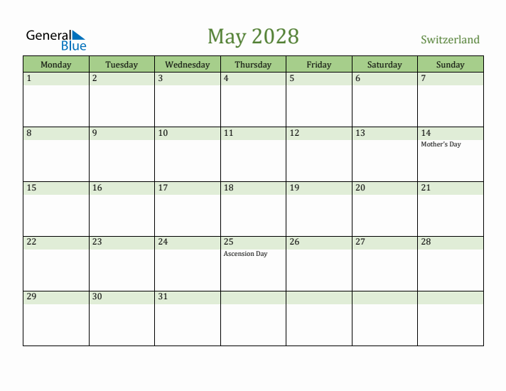 May 2028 Calendar with Switzerland Holidays