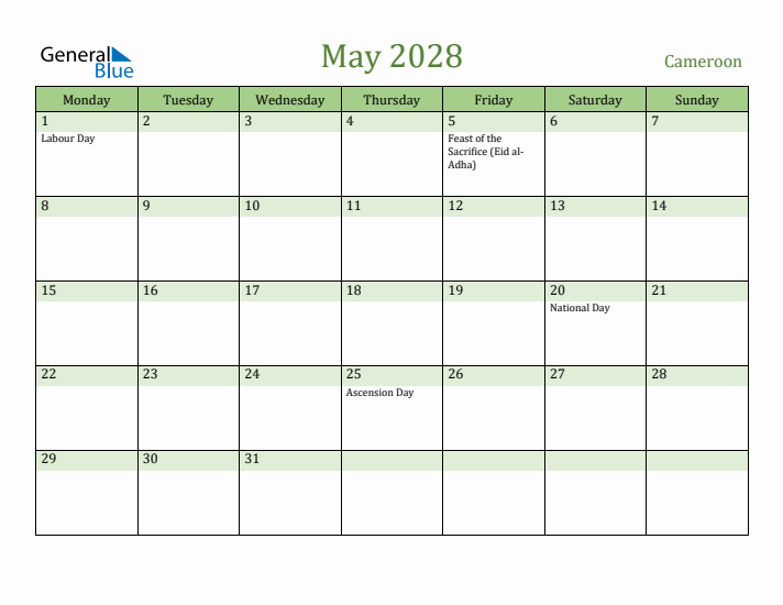 May 2028 Calendar with Cameroon Holidays