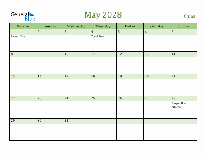 May 2028 Calendar with China Holidays