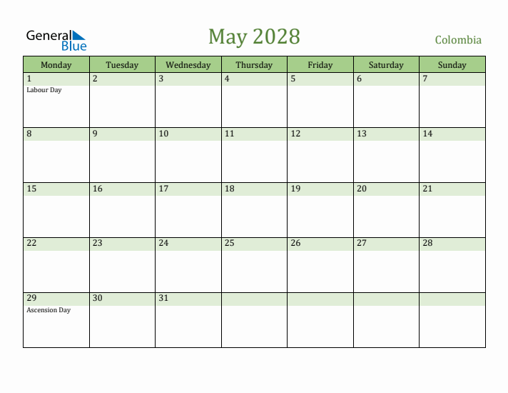 May 2028 Calendar with Colombia Holidays