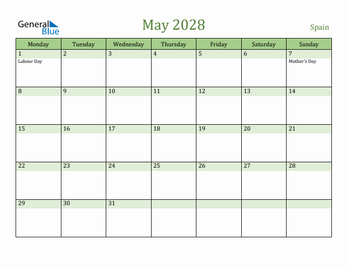 May 2028 Calendar with Spain Holidays