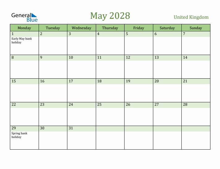 May 2028 Calendar with United Kingdom Holidays