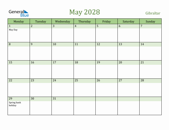 May 2028 Calendar with Gibraltar Holidays