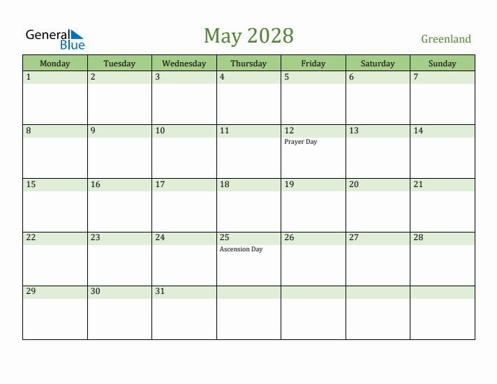 May 2028 Calendar with Greenland Holidays