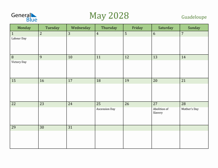 May 2028 Calendar with Guadeloupe Holidays