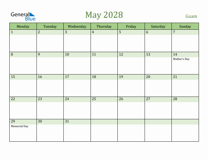 May 2028 Calendar with Guam Holidays