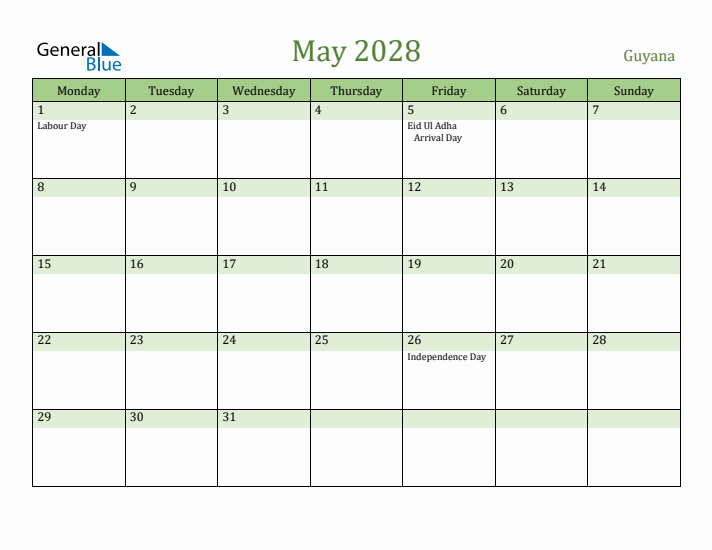 May 2028 Calendar with Guyana Holidays