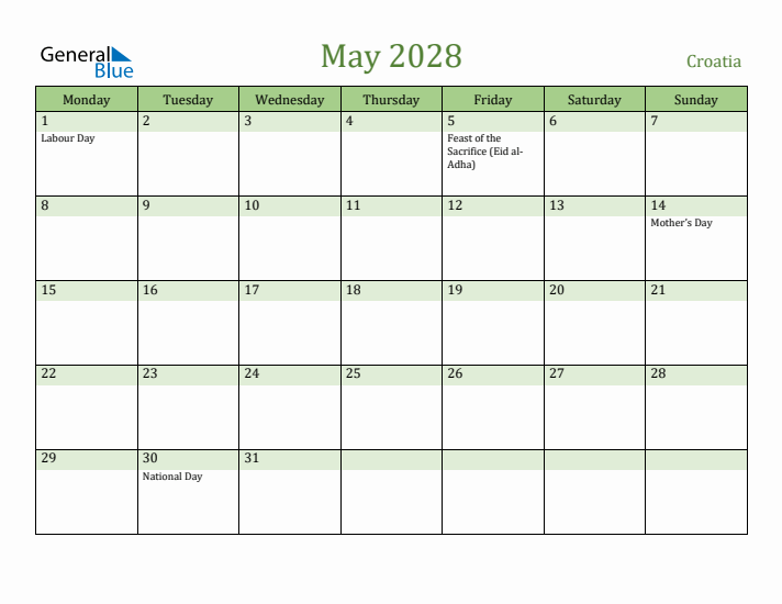 May 2028 Calendar with Croatia Holidays