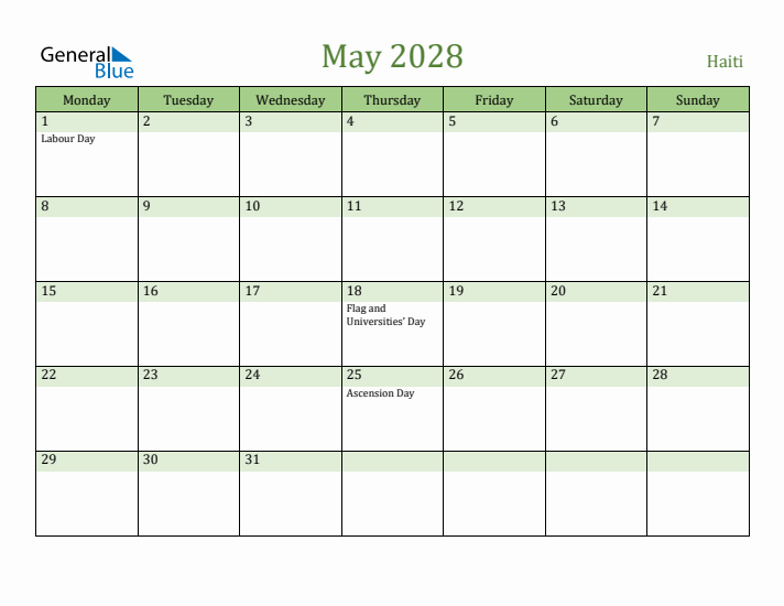 May 2028 Calendar with Haiti Holidays