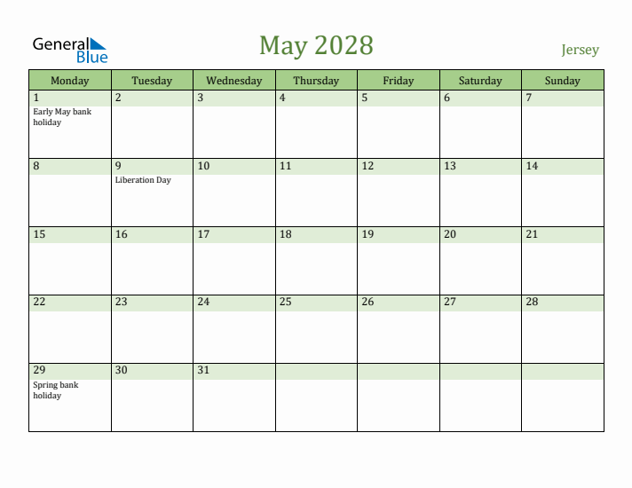 May 2028 Calendar with Jersey Holidays