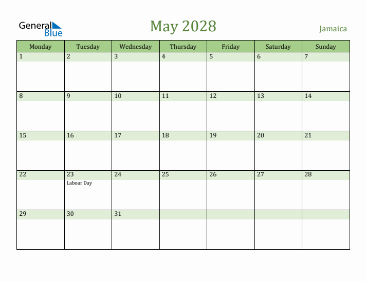May 2028 Calendar with Jamaica Holidays