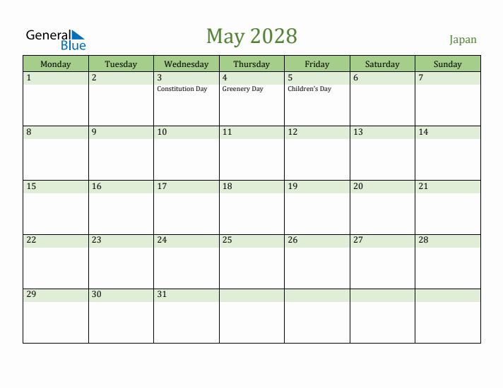 May 2028 Calendar with Japan Holidays