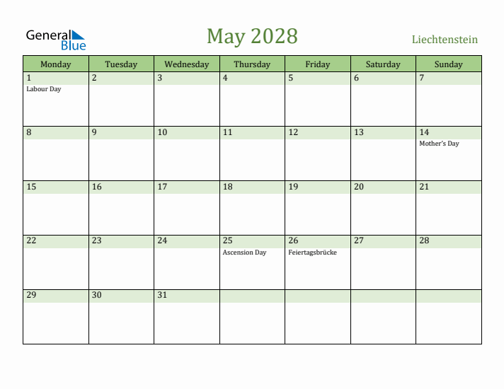 May 2028 Calendar with Liechtenstein Holidays