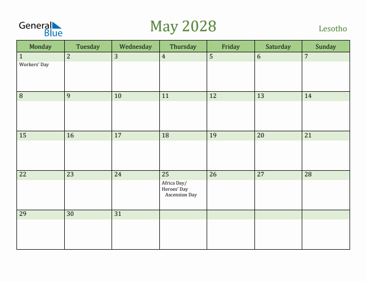 May 2028 Calendar with Lesotho Holidays