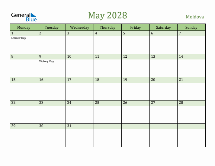 May 2028 Calendar with Moldova Holidays