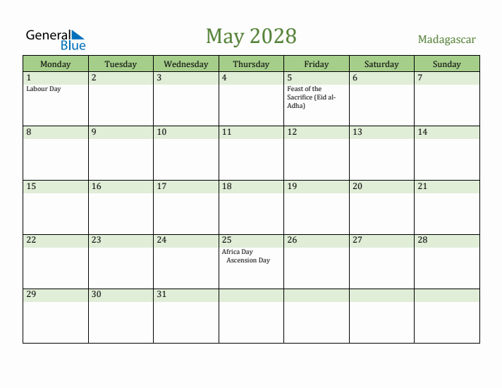 May 2028 Calendar with Madagascar Holidays