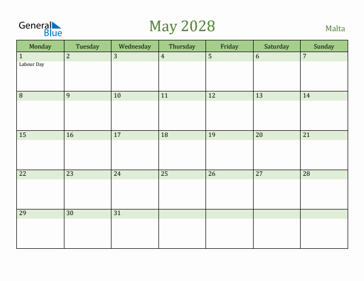 May 2028 Calendar with Malta Holidays