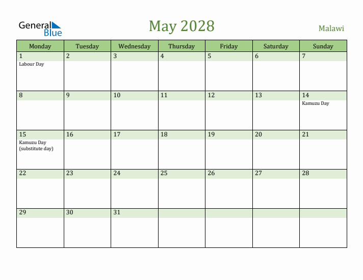 May 2028 Calendar with Malawi Holidays